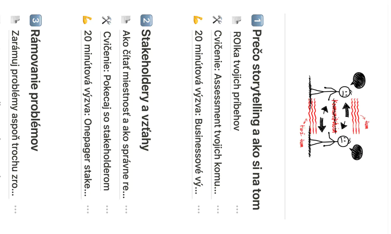 i vzdelávacie kartičky z online kurzu o UX storytellingu, zoradené horizontálne. Každá obsahuje číslo modulu, nadpis a tri podbody s emoji. Modul 1 sa volá ‘Prečo storytelling a ako si na tom’ a obsahuje cvičenie a výzvu na zhodnotenie komunikácie. Modul 2 nesie názov ‘Stakeholdery a vzťahy’ a venuje sa čítaniu situácií a rozhovorom so stakeholdermi. Modul 3 s názvom ‘Rámovanie problémov’ pomáha lepšie definovať dizajnové problémy.