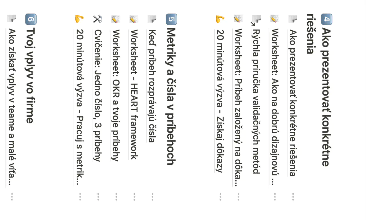 Tri výukové kartičky z online kurzu o UX storytellingu. Modul 4: ‘Ako prezentovať konkrétne riešenia’ obsahuje worksheety a návody na validáciu návrhov. Modul 5: ‘Metriky a čísla v príbehoch’ ponúka nástroje ako HEART framework a cvičenia na prepájanie dát s príbehmi. Modul 6: ‘Tvoj vplyv vo firme’ sa venuje budovaniu vplyvu v tíme a organizácii.
