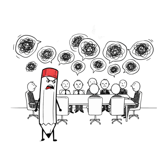 Ilustrácia tímovej porady, kde všetci účastníci vyzerajú zmätene alebo nahnevane. Nad nimi sú bubliny plné čiernych chaotických čiar symbolizujúcich zmätok. V popredí stojí nahnevaná ceruzka s červenou gumou ako hlava, ktorá situáciu pozoruje
