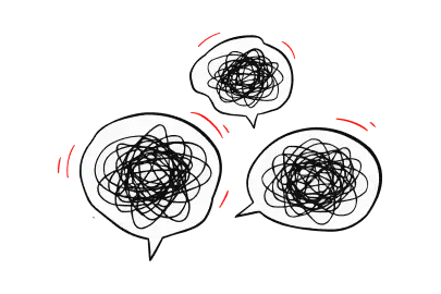 Tri prekrývajúce sa komiksové bubliny s čiernym chaotickým čarbanicovým vzorom vo vnútri. Červené čiarky okolo nich naznačujú zmätok, hluk alebo neporozumenie v komunikácii