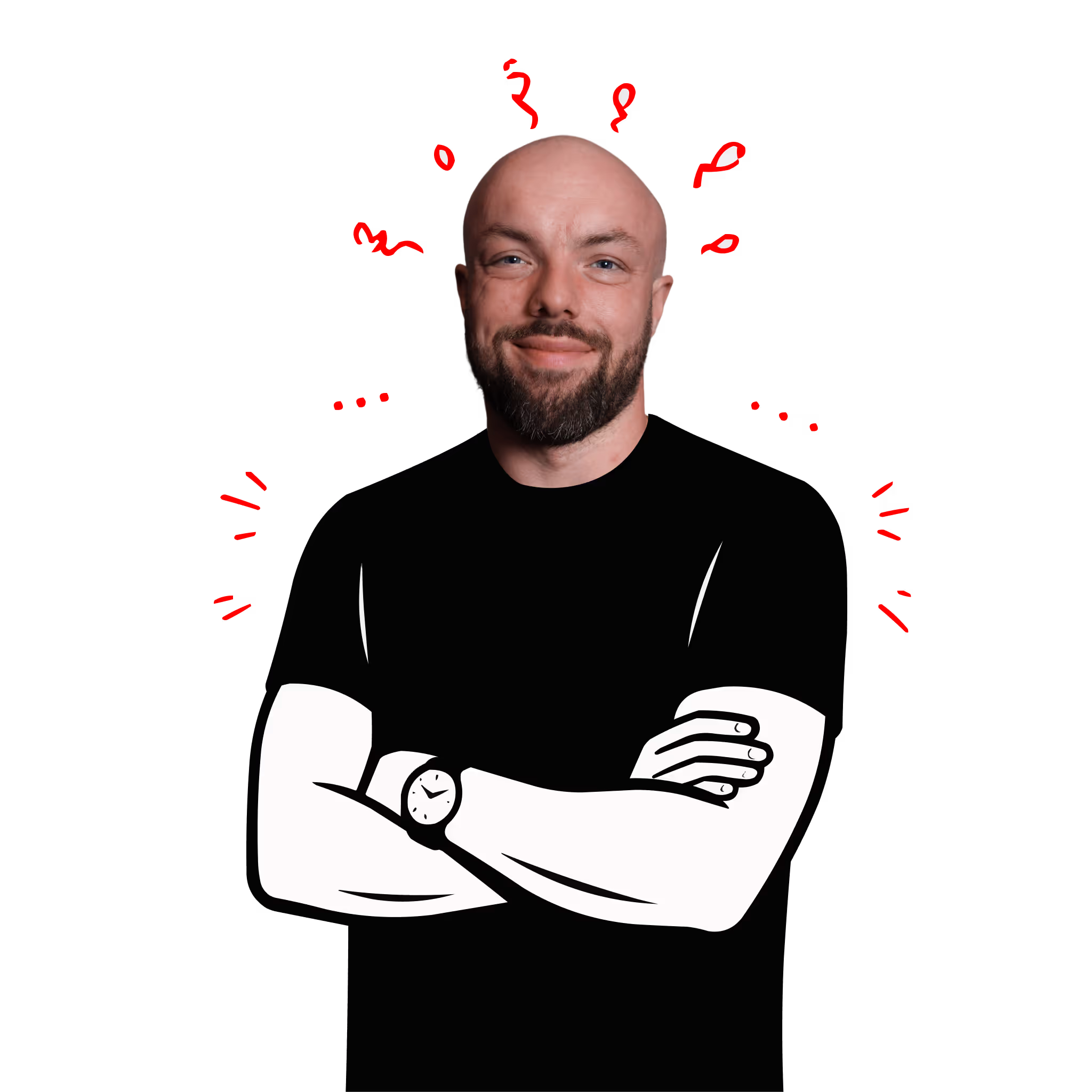 Fotografia muža s bradou a holou hlavou, ktorý sa usmieva a má založené ruky. Jeho telo je ilustrované kresbou v čierno-bielom štýle, pričom okolo hlavy a ramien sú červené dynamické čiary a vlnovky, ktoré naznačujú energiu alebo nápady.
