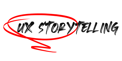 Nápis ‘UX Storytelling’ napsaný černým štětcovým písmem, podtržený a zakroužkovaný červenou ručně kreslenou čárou ve tvaru spirály.